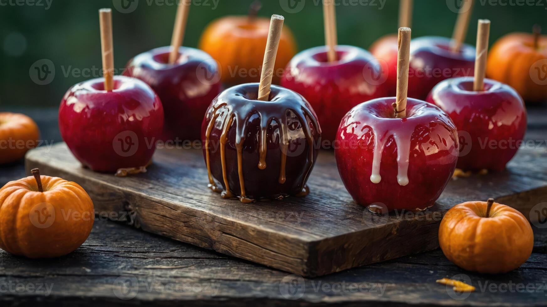 A display of caramel and candy apples alongside small pumpkins on a wooden surface. photo
