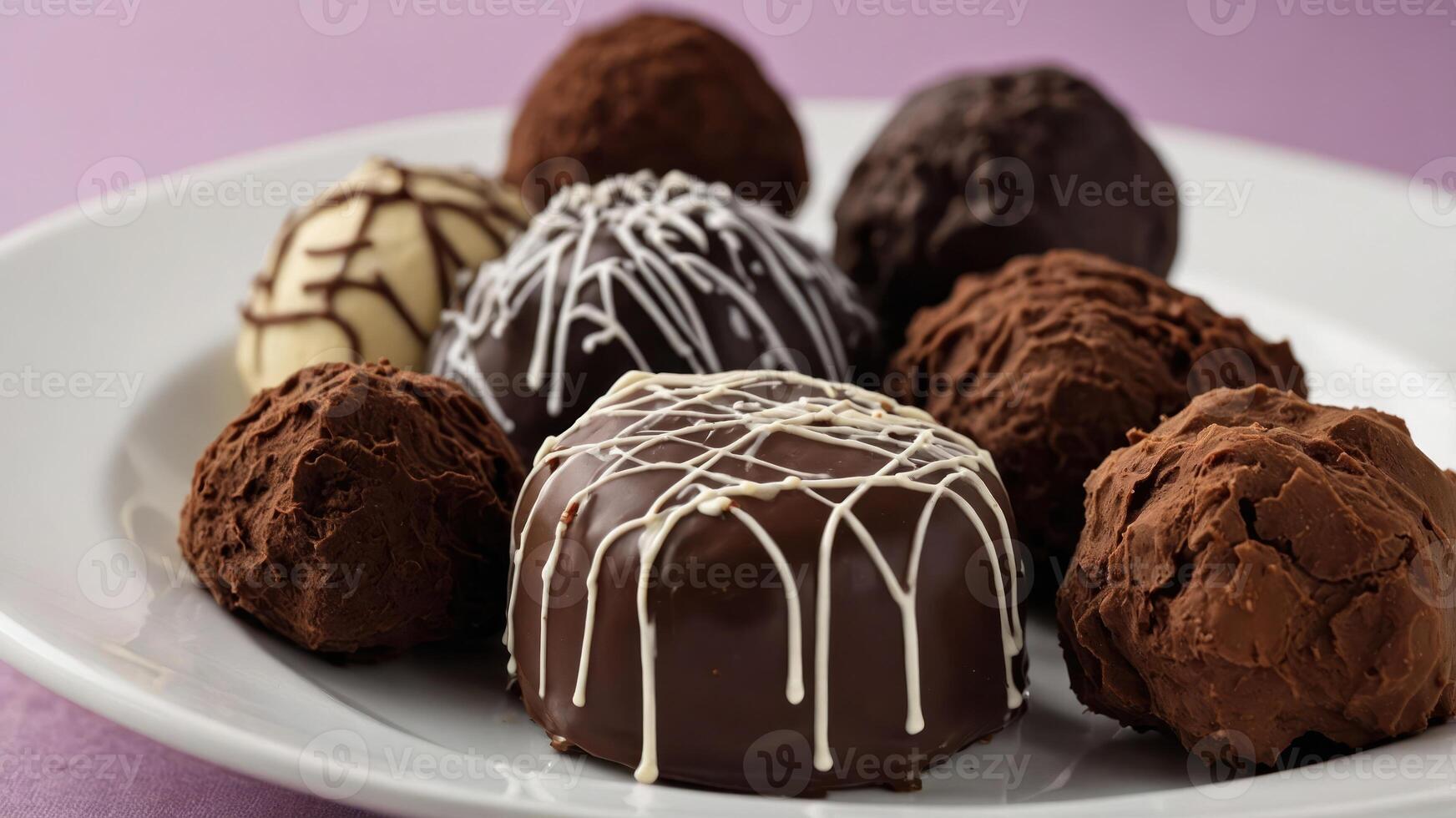 A plate of assorted chocolate truffles showcasing various textures and designs. photo