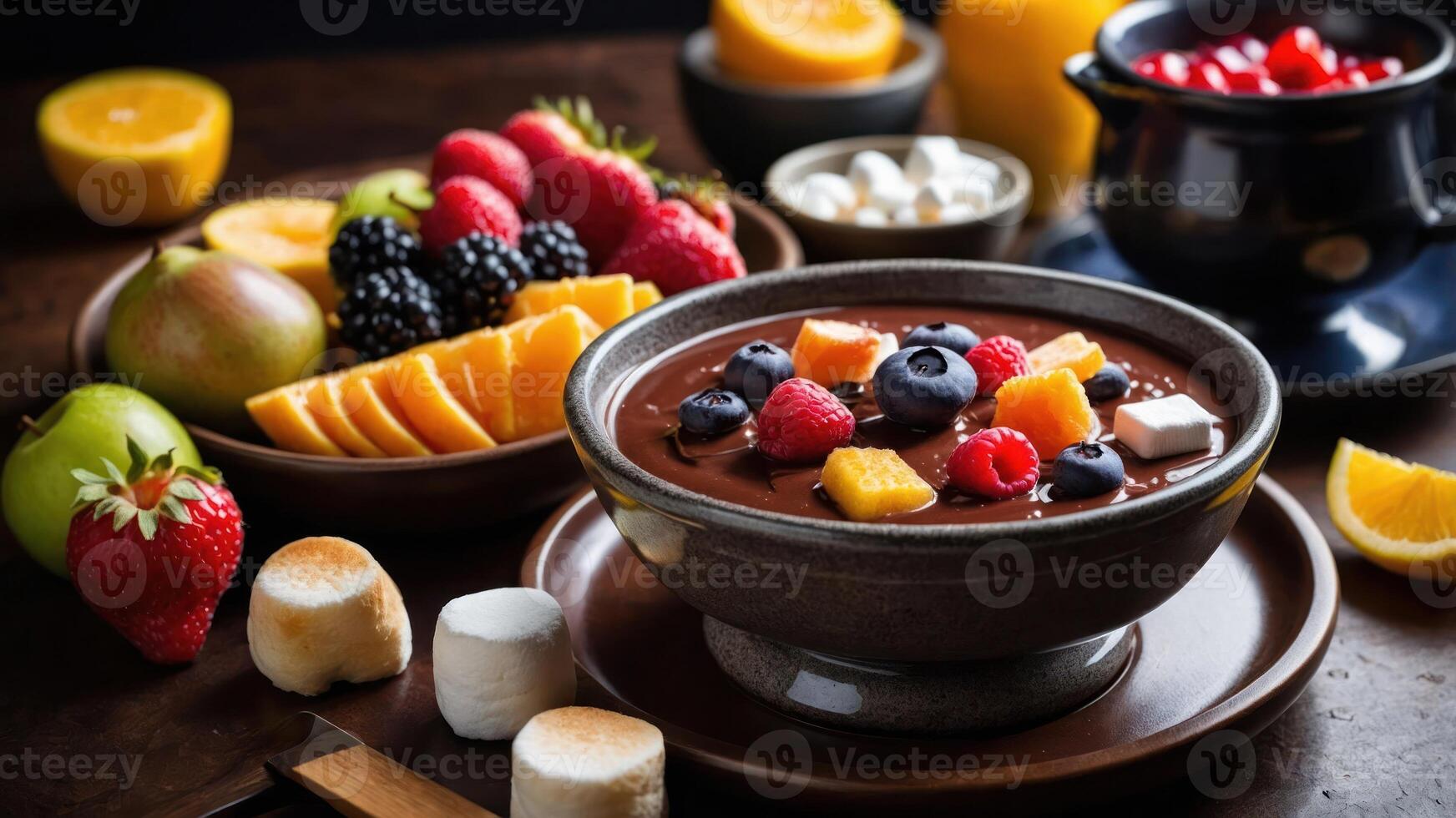 A delicious chocolate fondue spread with fresh fruits and marshmallows for dipping. photo