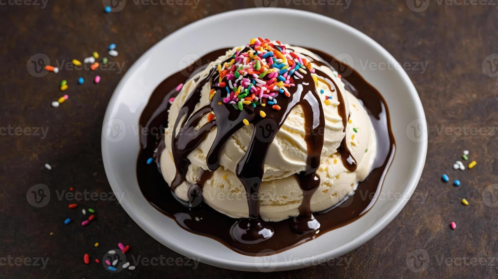 A delicious dessert featuring ice cream topped with chocolate sauce and colorful sprinkles. photo