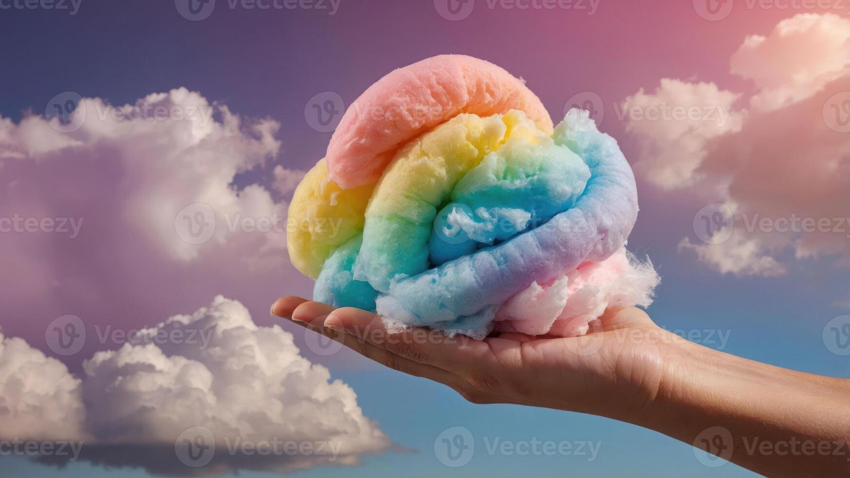 A colorful cotton candy swirl held in a hand against a dreamy sky backdrop. photo