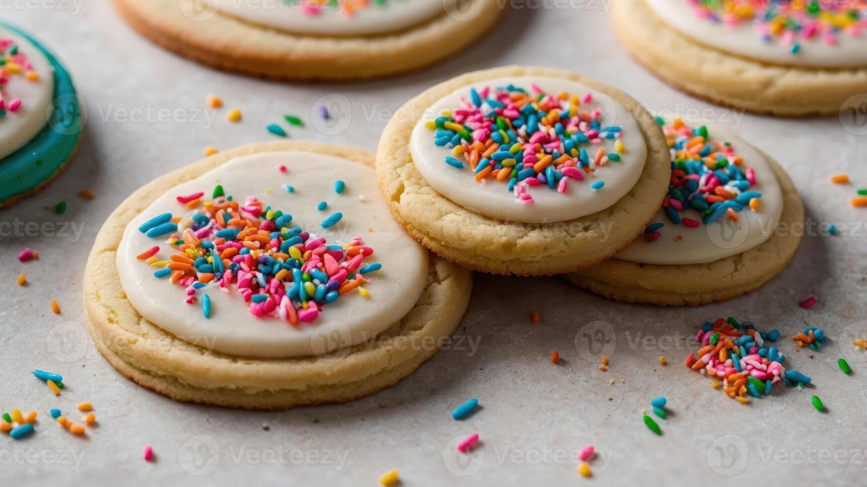 Colorful cookies topped with frosting and sprinkles, arranged on a light surface. photo