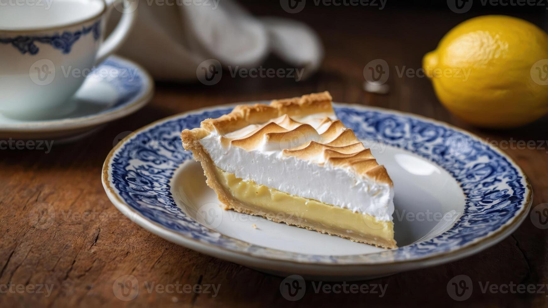 A slice of lemon meringue pie on a decorative plate beside a cup and a lemon. photo