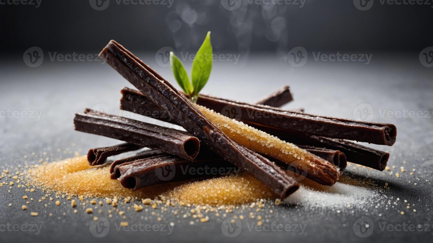 Dark vanilla sticks arranged with sugar on a dark surface, highlighting culinary ingredients. photo