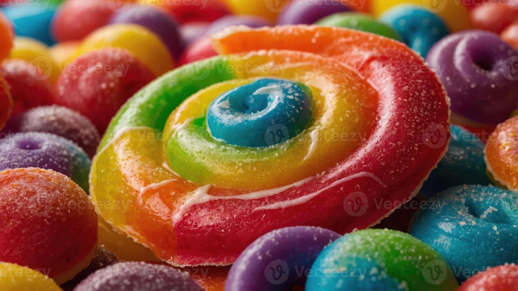 A colorful assortment of candies featuring a spiral lollipop surrounded by various sweets. photo