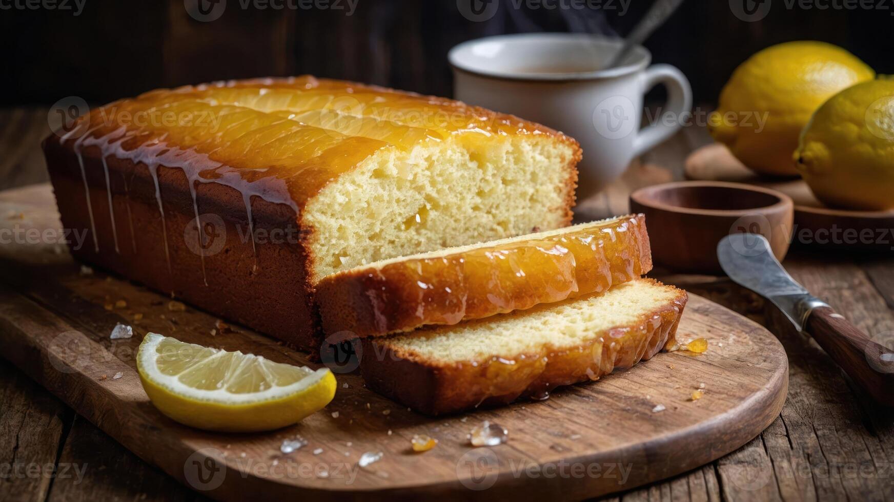 A freshly baked lemon loaf cake with slices, lemon, and coffee on a wooden table. photo