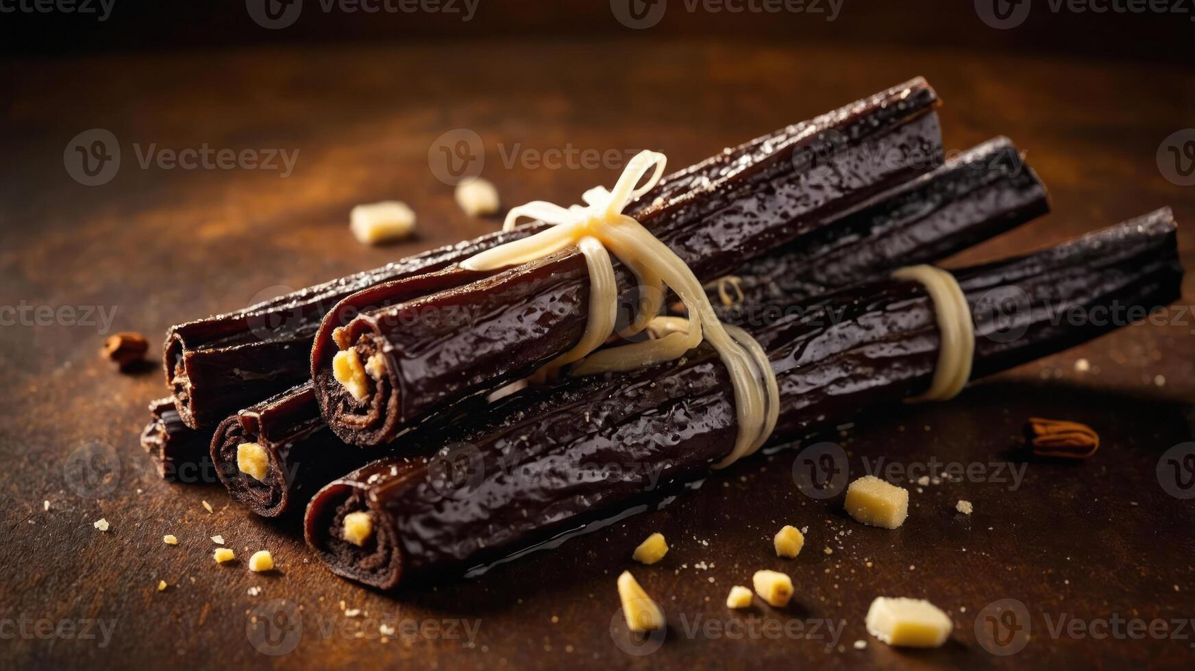A close-up of rolled dark candies tied with string, showcasing their glossy texture. photo