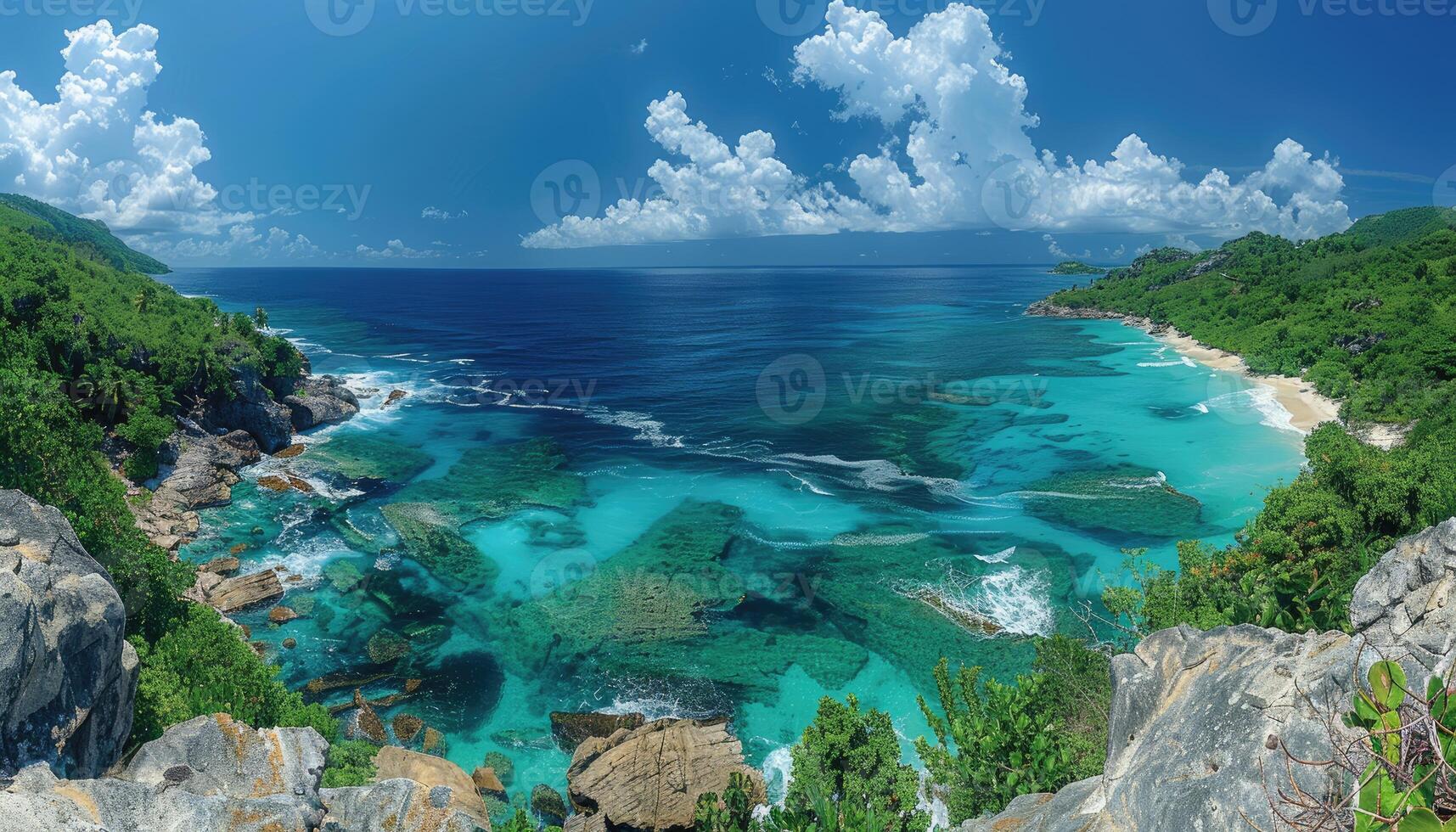 Panoramic View of a Tropical Coastline with Lush Greenery, Clear Turquoise Waters, and White Sandy Beach photo