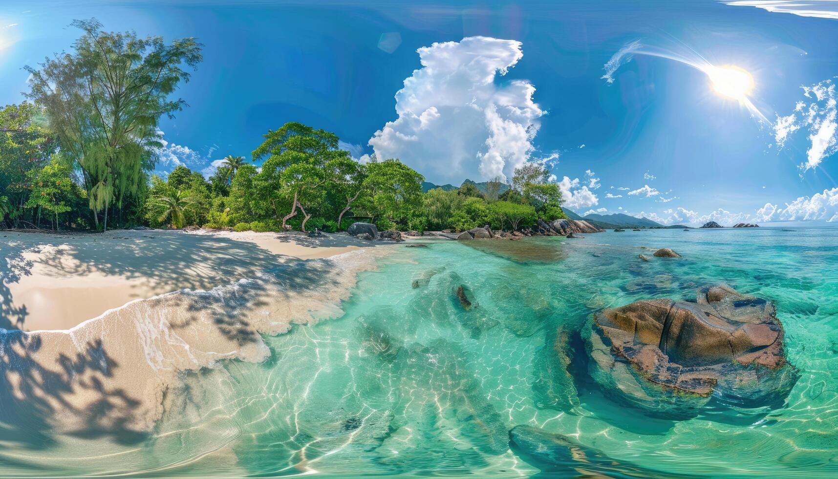 Tropical Beach with Clear Water, Lush Trees, and Sunny Sky photo