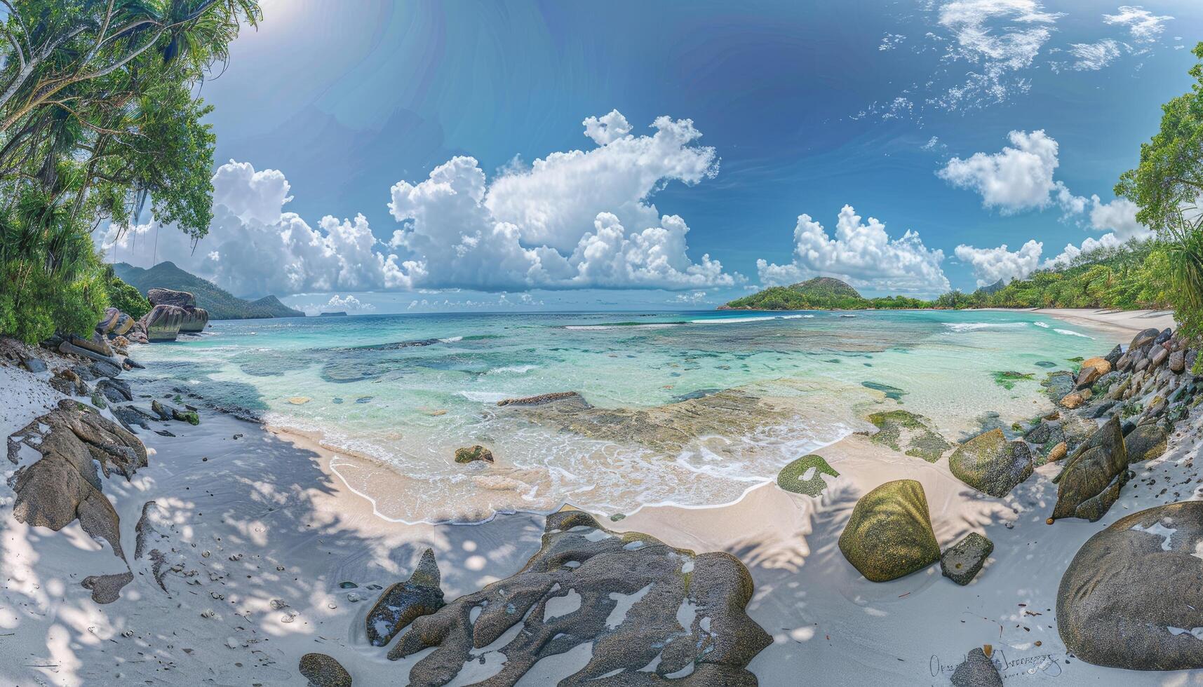 Tropical Beach Scene with White Sand, Clear Water, and Lush Greenery photo