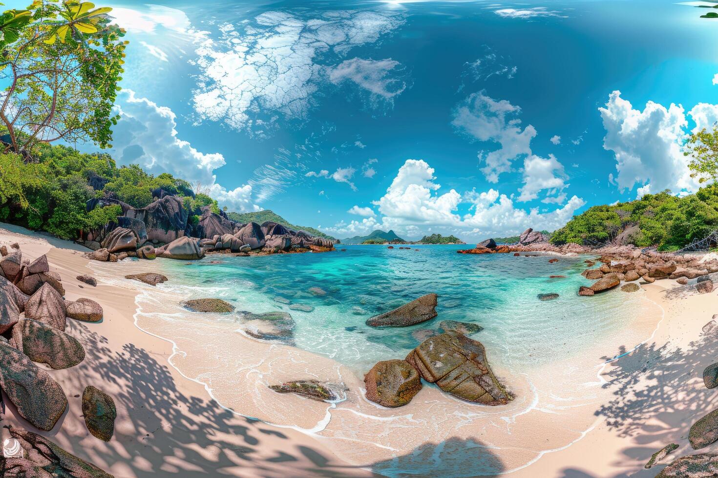 Tropical Beach with Lush Vegetation and Crystal Clear Water photo