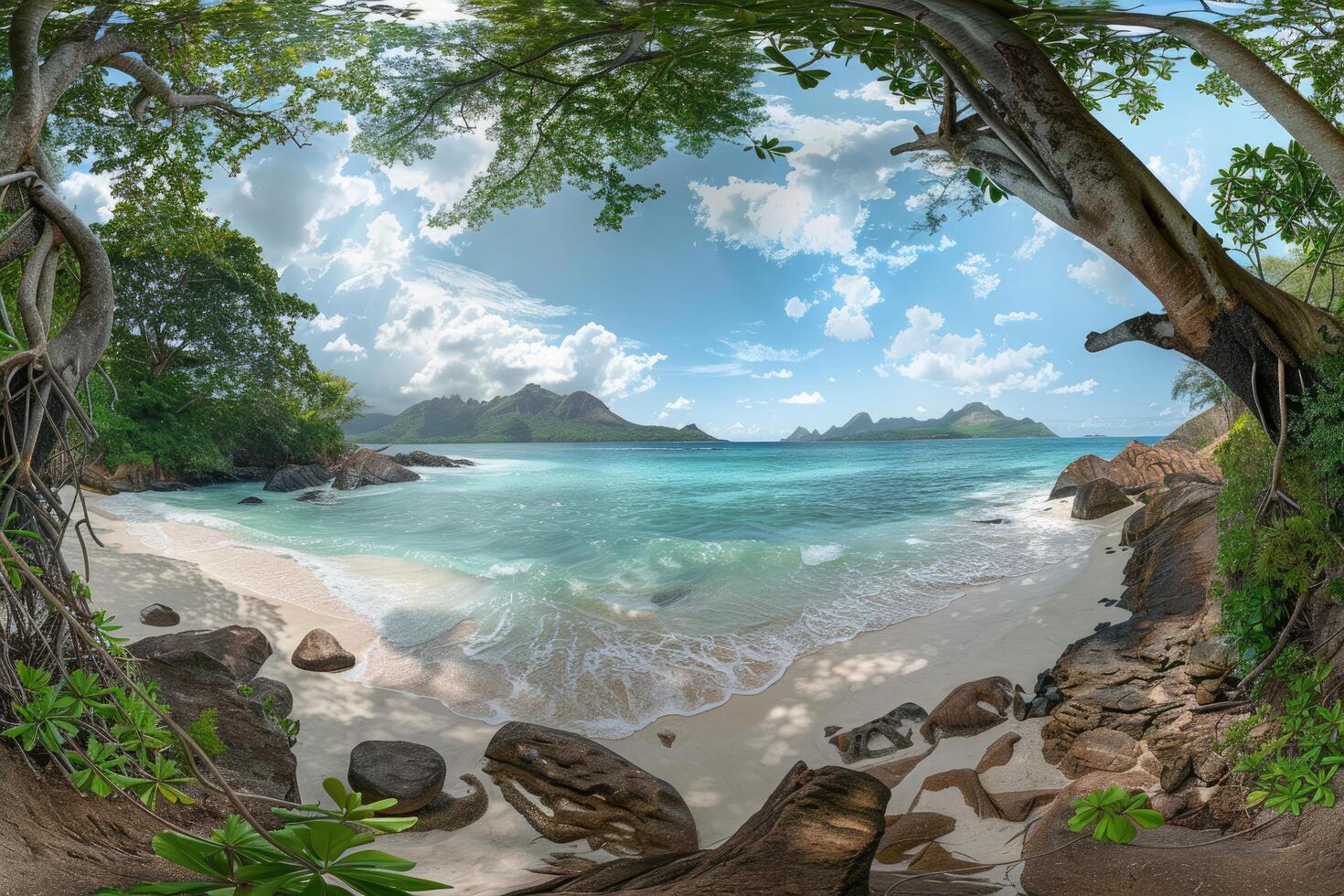 Lush Tropical Island Beach with Forested Mountains and Turquoise Water photo