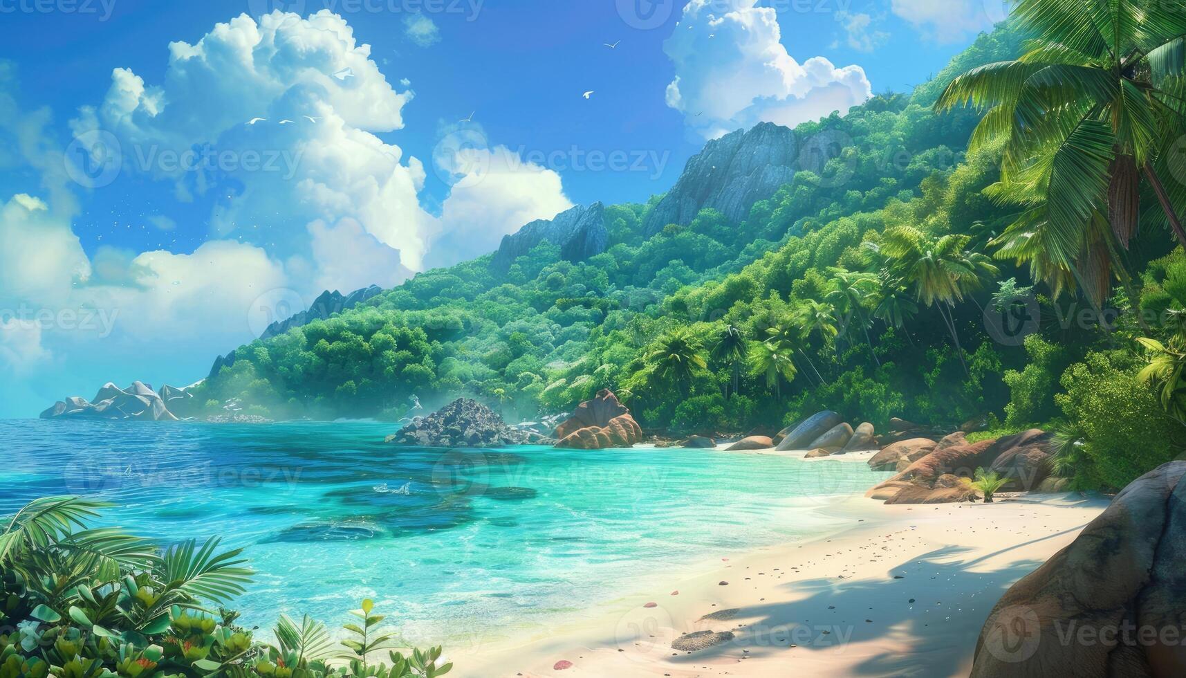 A Lush Tropical Island Beach with Palm Trees, Turquoise Water, and Rocky Cliffs photo
