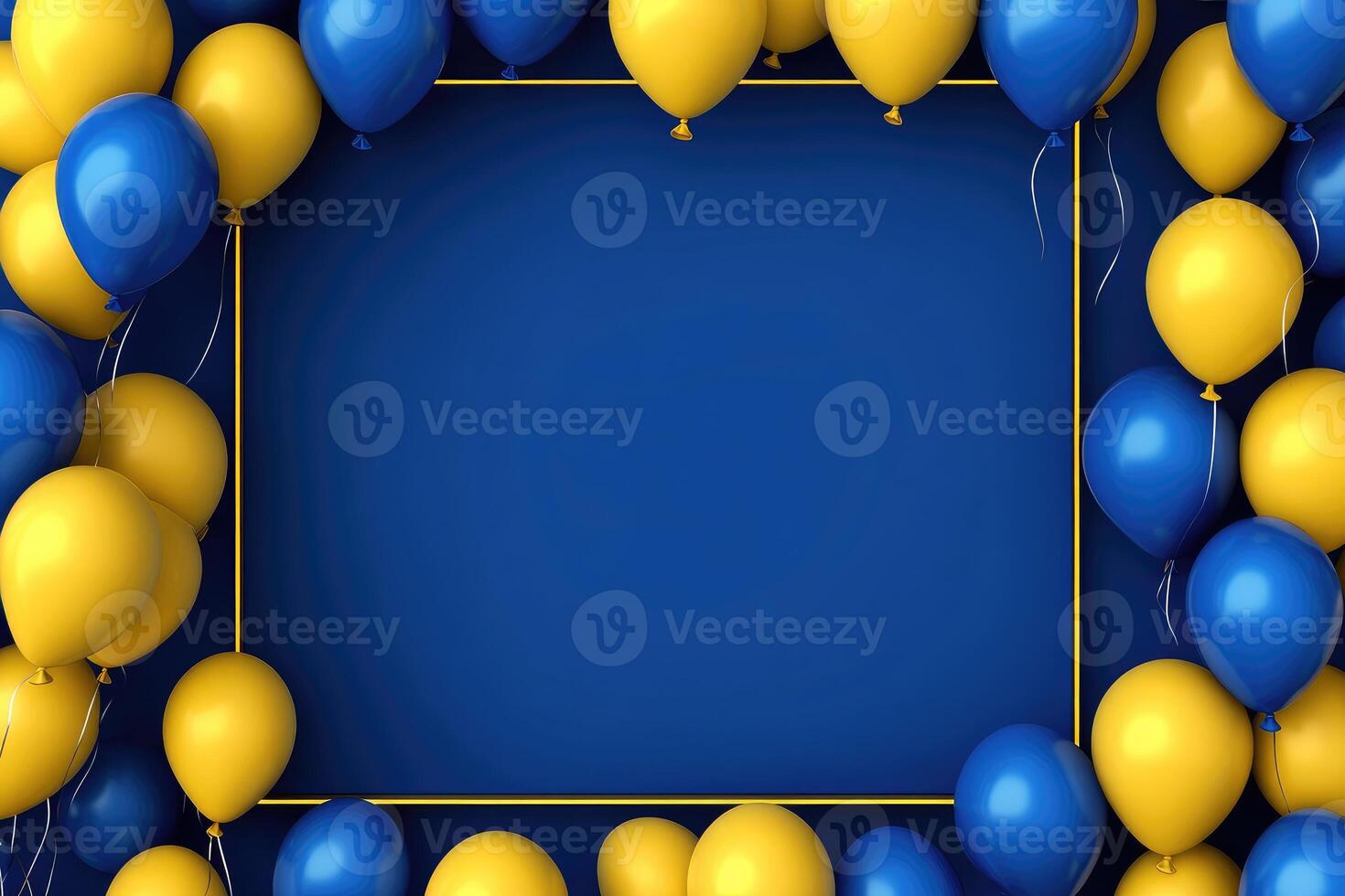 Blue and Yellow Balloons Surrounding a Gold Frame on a Blue Background photo