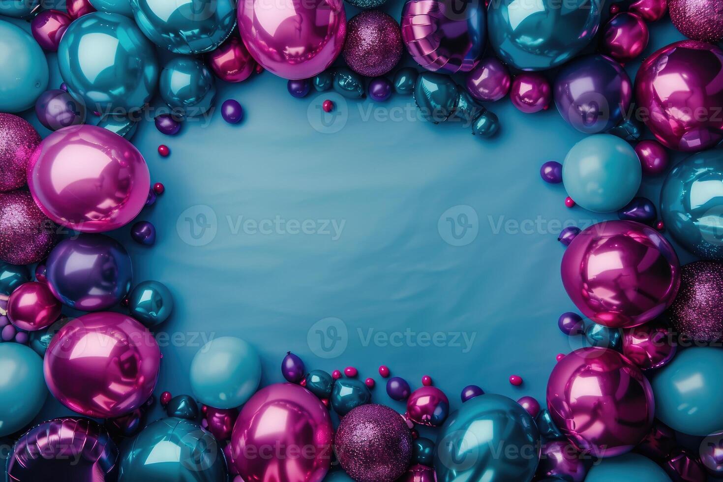 A Frame of Shiny Pink and Blue Balloons on a Blue Background photo