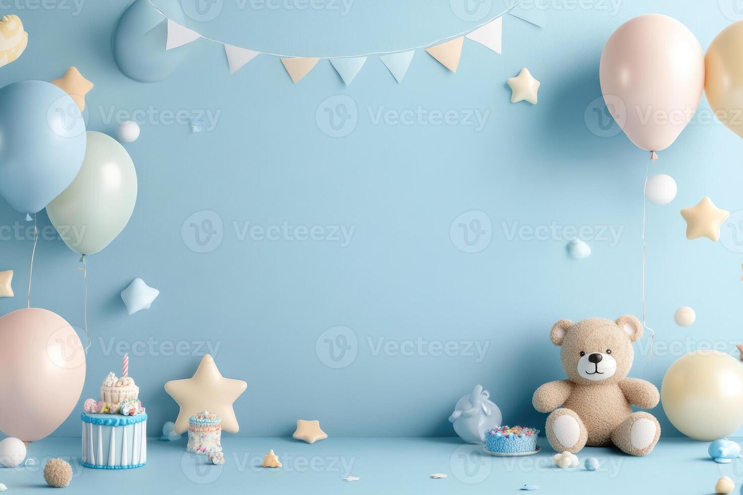 Blue and White Birthday Party Decor with a Teddy Bear and Cake photo
