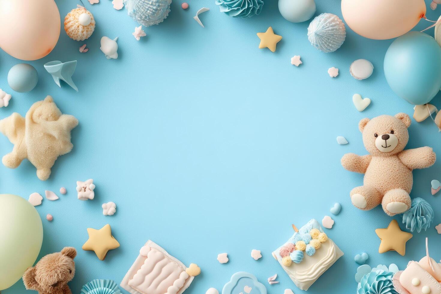 Blue and White Baby Shower Decorations with a Teddy Bear photo