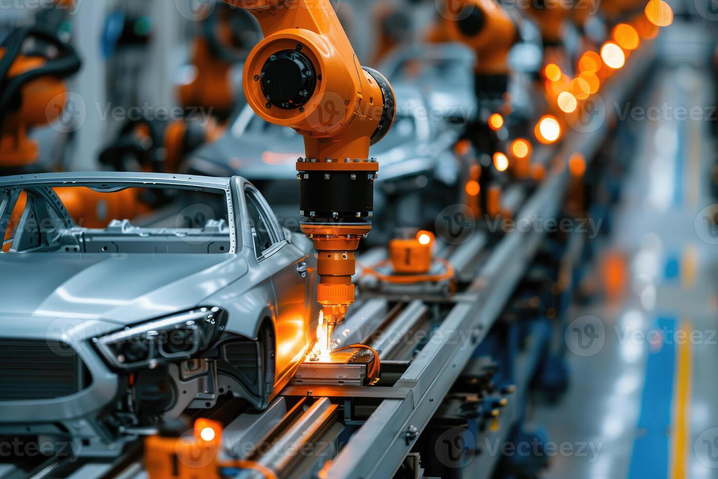 Robotic Arm Assembling a Car Body on a Factory Production Line photo