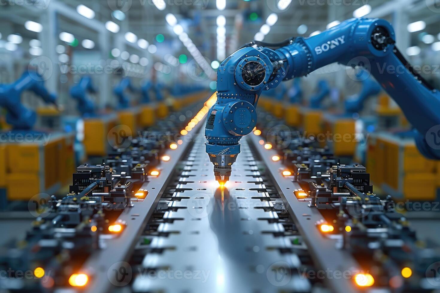 Blue Robotic Arm Welding on an Assembly Line in a Factory photo