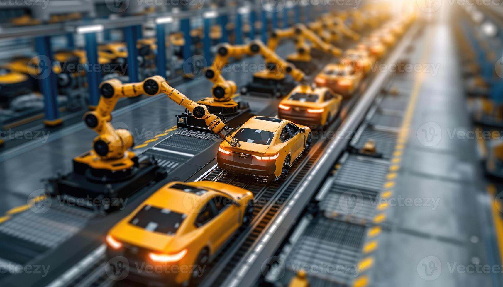 Automated Car Manufacturing Assembly Line with Yellow Robots and Cars photo