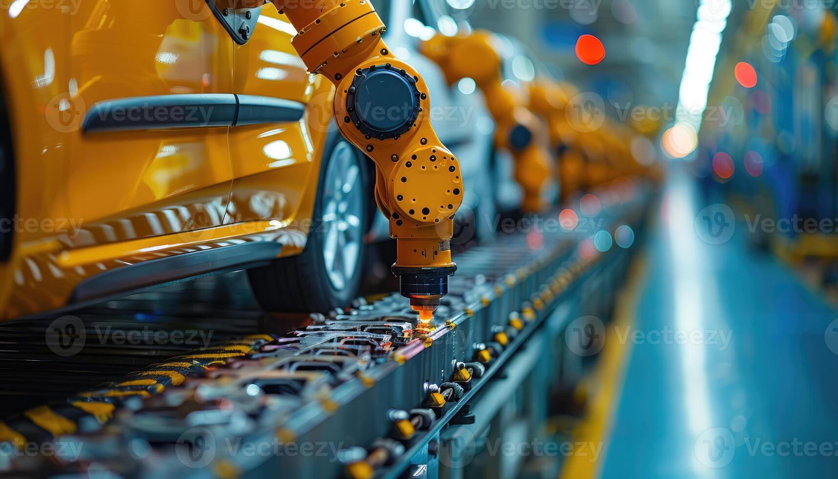 Yellow Robotic Arm Assembling a Yellow Car on an Automated Assembly Line photo