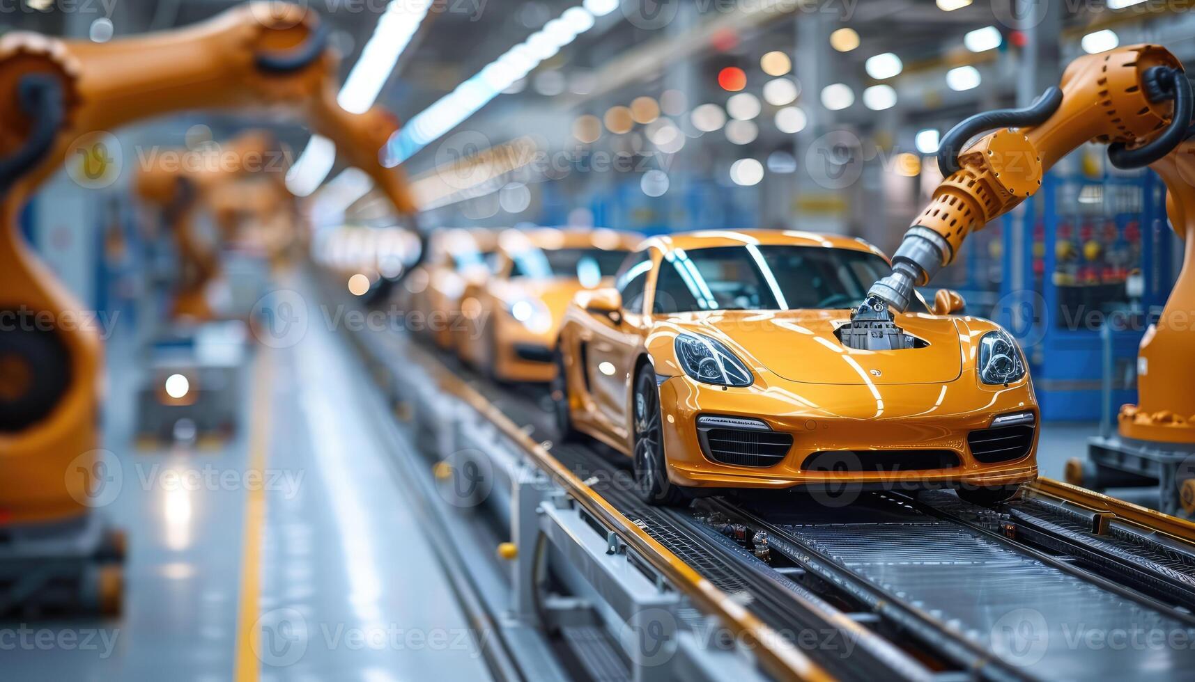 Automated Car Assembly Line with Robotic Arm and Yellow Sports Car photo