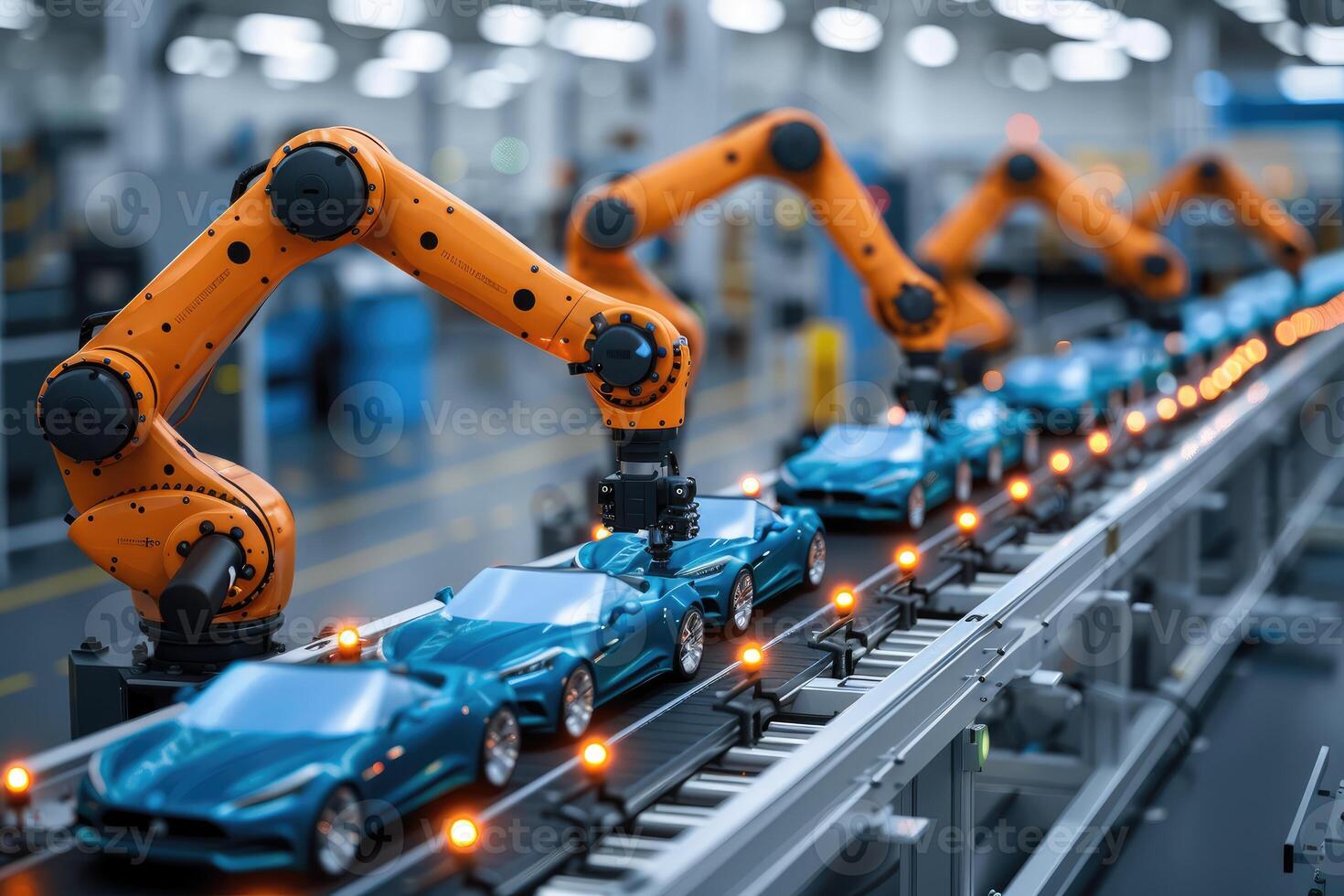 Robotic Arm Assembling Blue Cars on a Conveyor Belt in a Factory photo