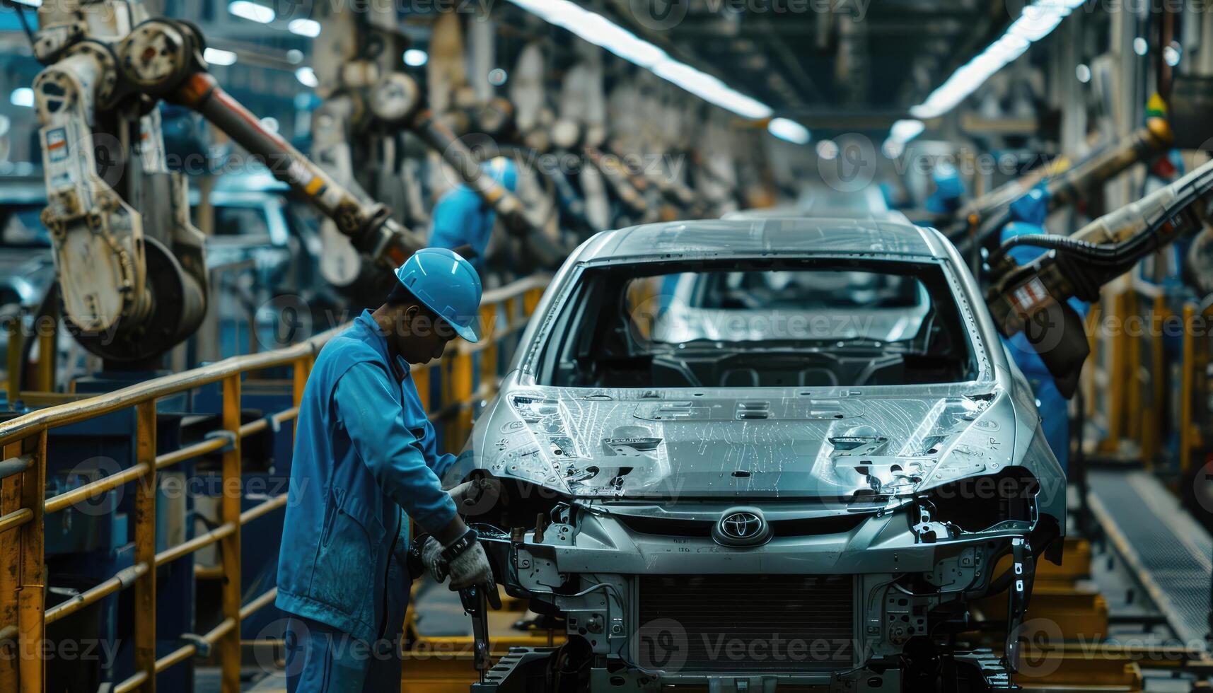 Worker Assembling a Car on a Factory Assembly Line photo