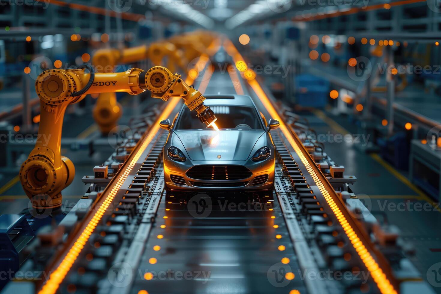 Robotic Arm Assembling a Car on a Factory Conveyor Belt photo