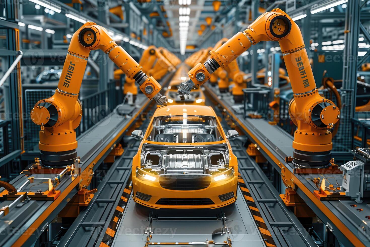 Robotic Arms Assembling a Yellow Car on an Automated Production Line photo