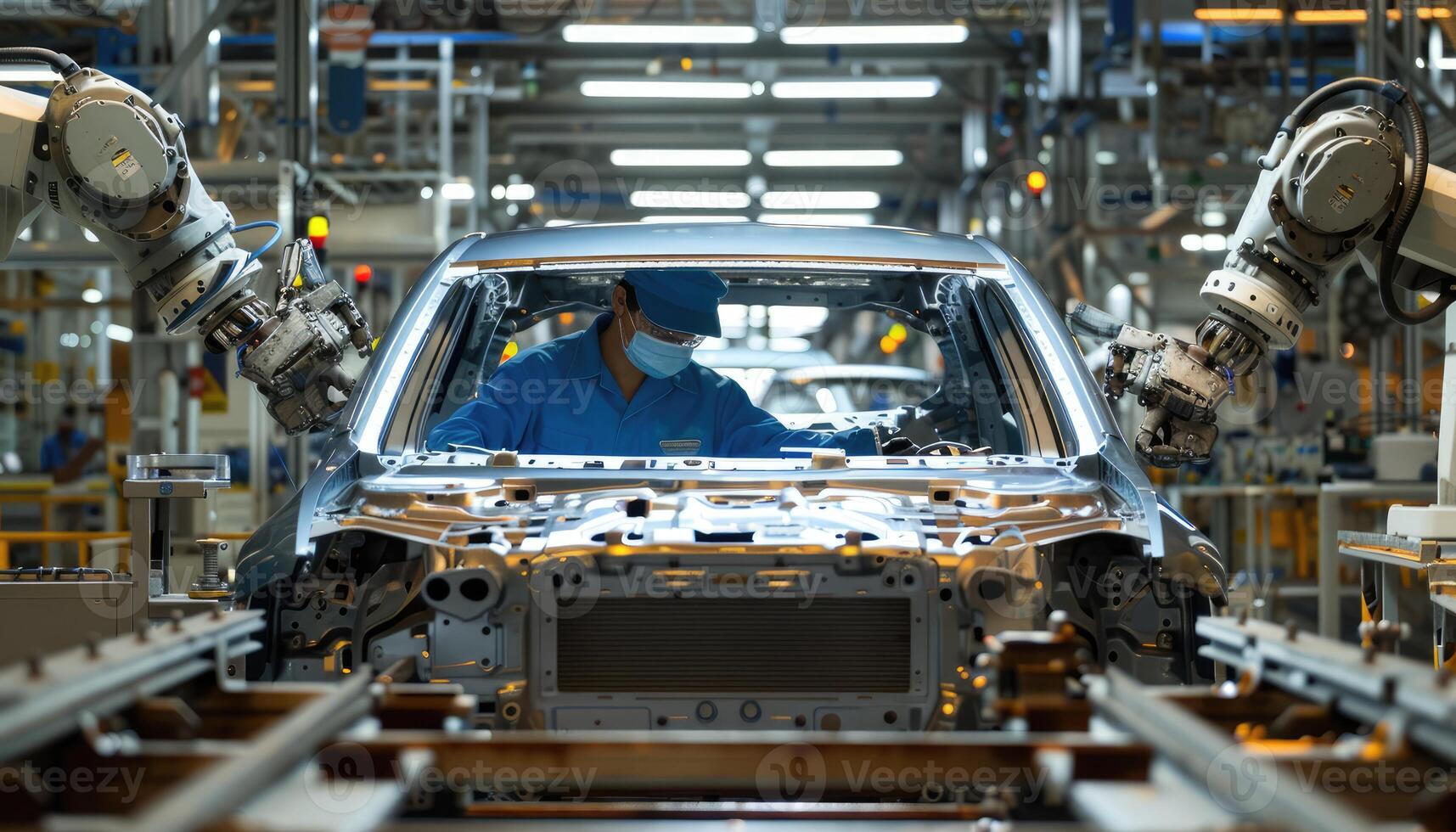 Automated Car Assembly Line with Worker and Robotic Arms photo