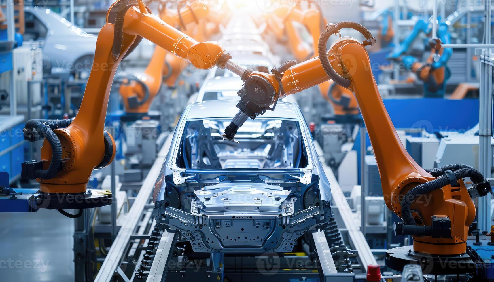 Industrial Robots Assembling Car Body in Factory photo