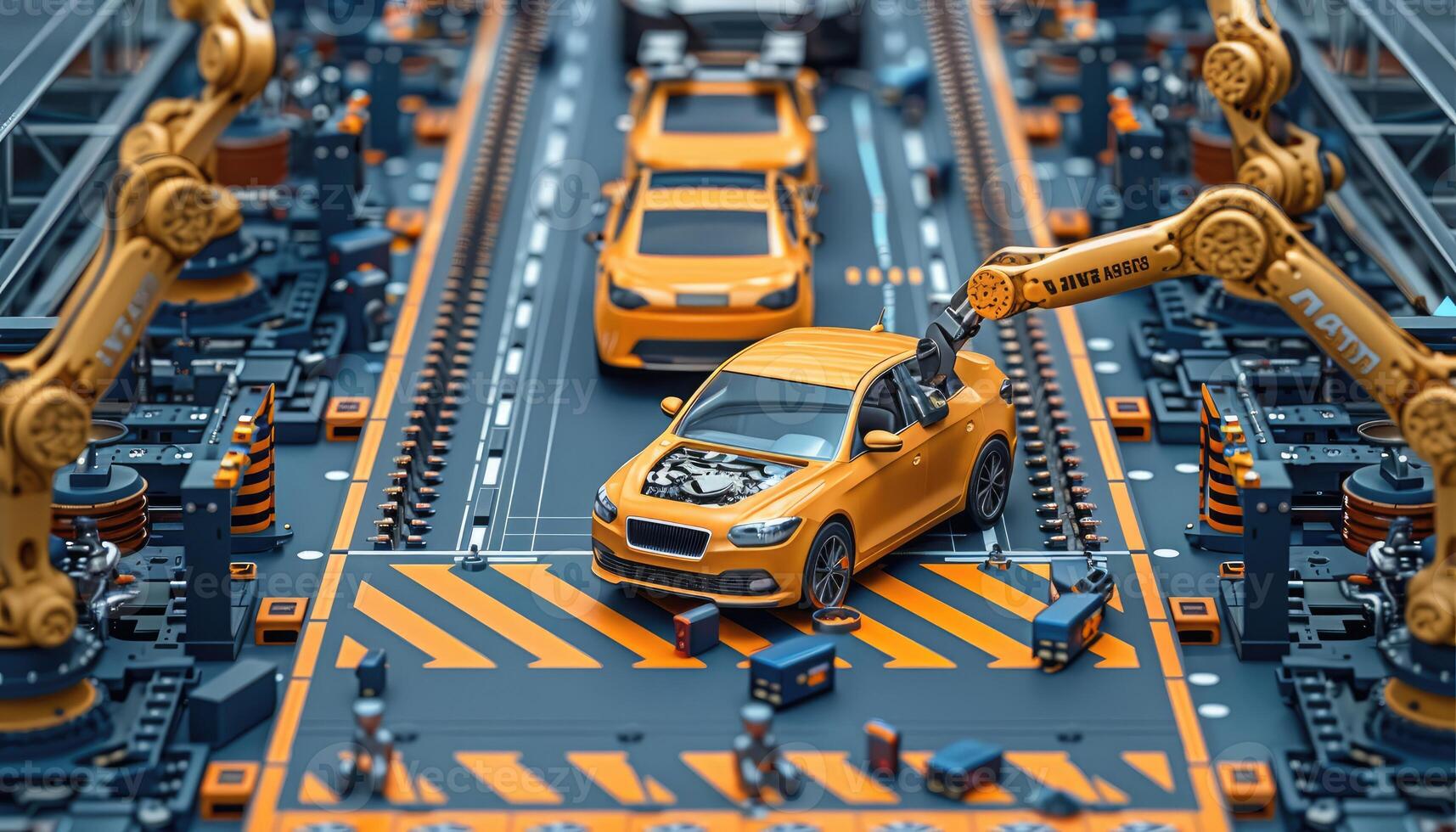 Automated Car Assembly Line with Robotic Arms photo