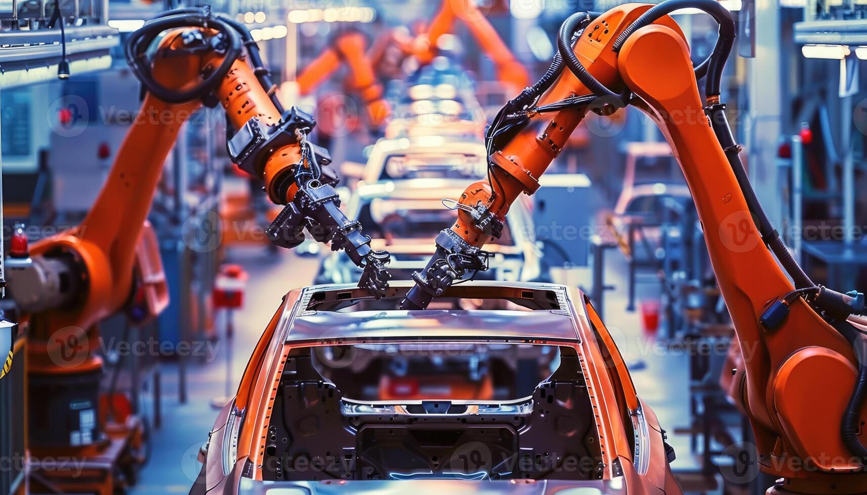Robotic Arms Assembling a Car Body in a Factory photo