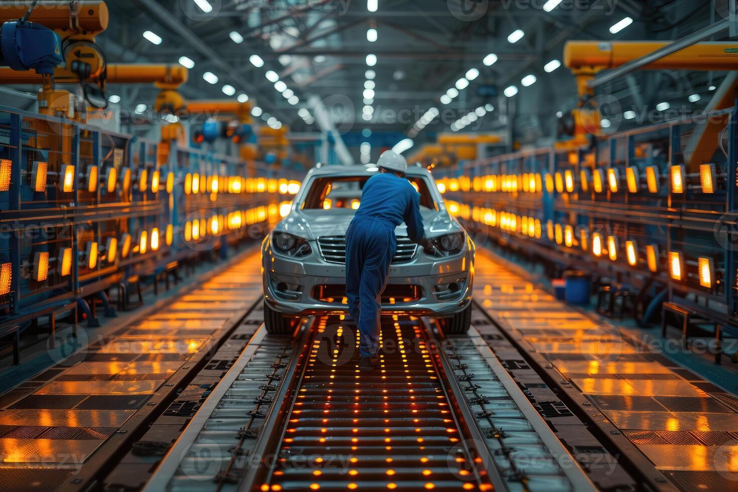 A worker inspects a car on a conveyor belt in an automotive factory photo