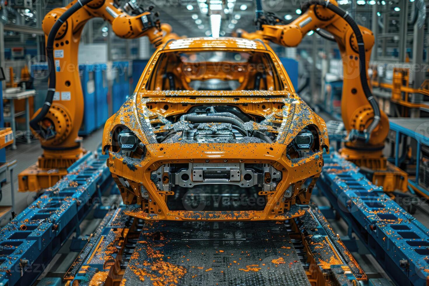 Unfinished Car Body on a Conveyor Belt Being Worked On By Industrial Robots photo