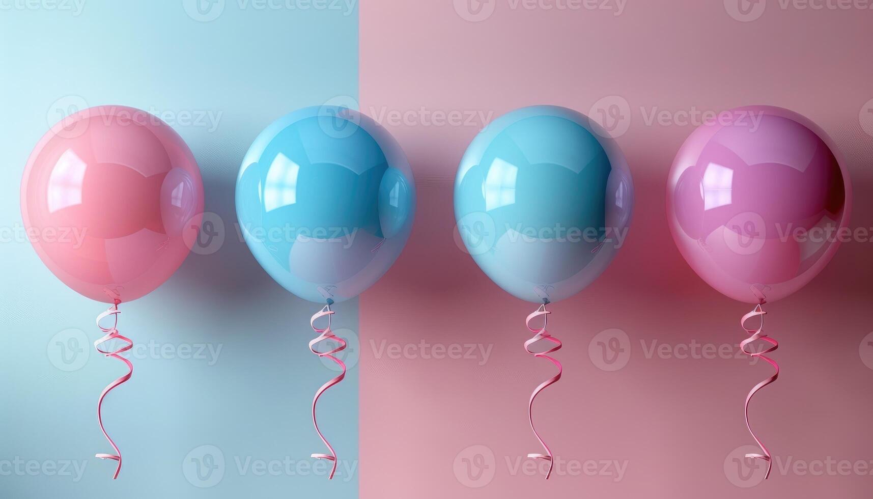 Four Balloons in a Row with Pink and Blue Colors and Ribbons photo