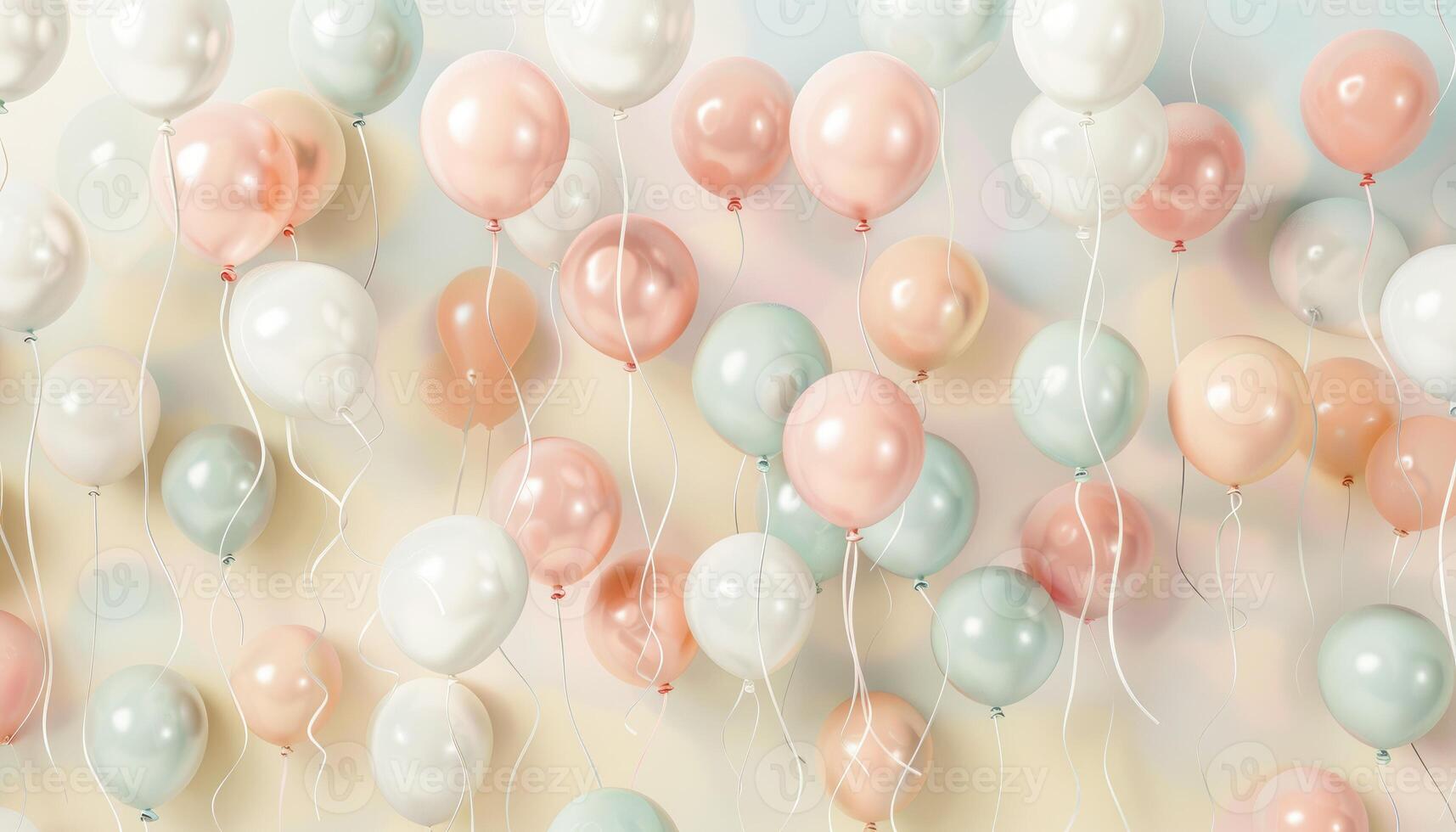 A cluster of pastel-colored balloons floating against a soft, blurred background. photo