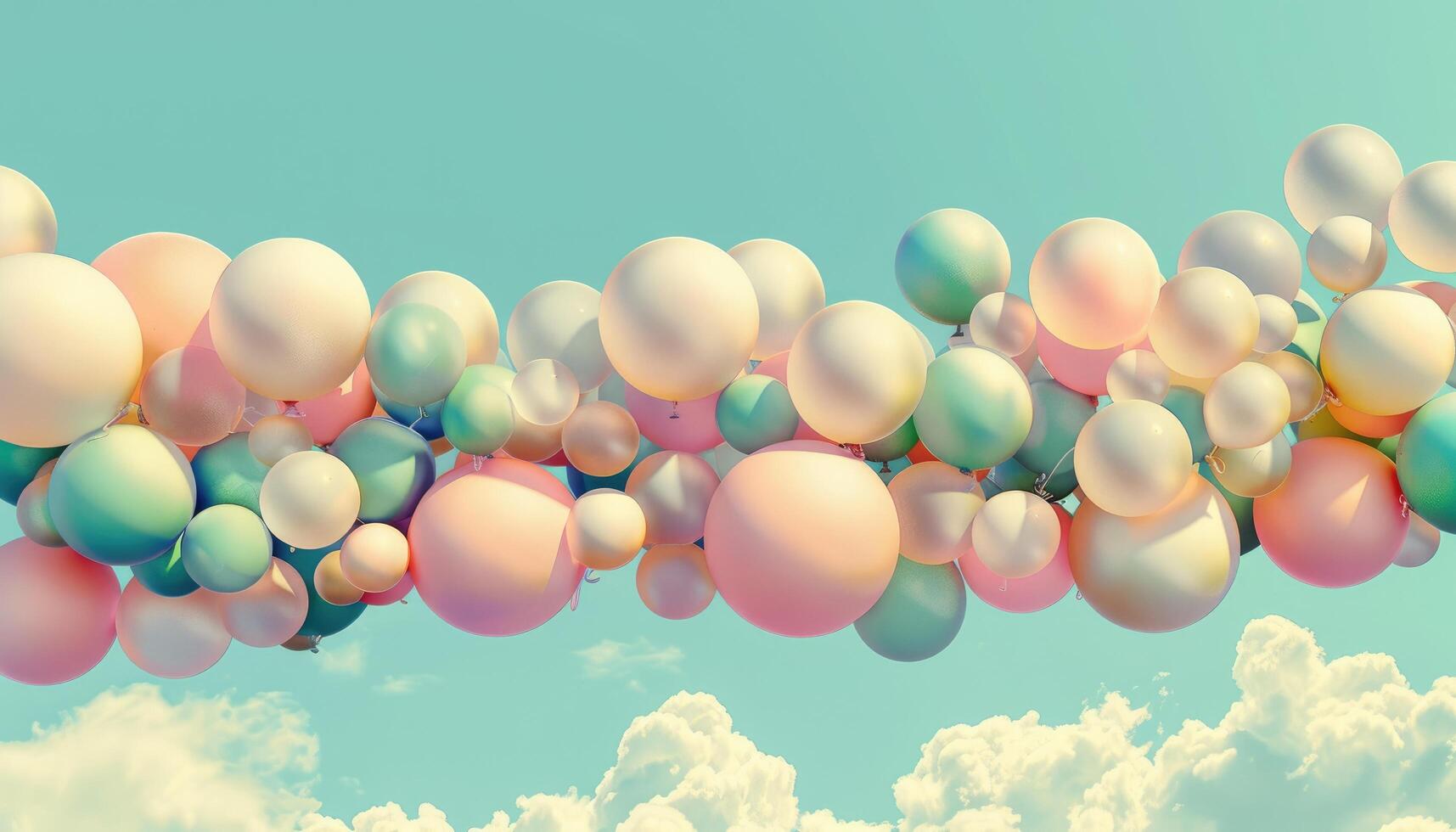 Colorful Balloons Floating Against a Blue Sky with White Clouds photo