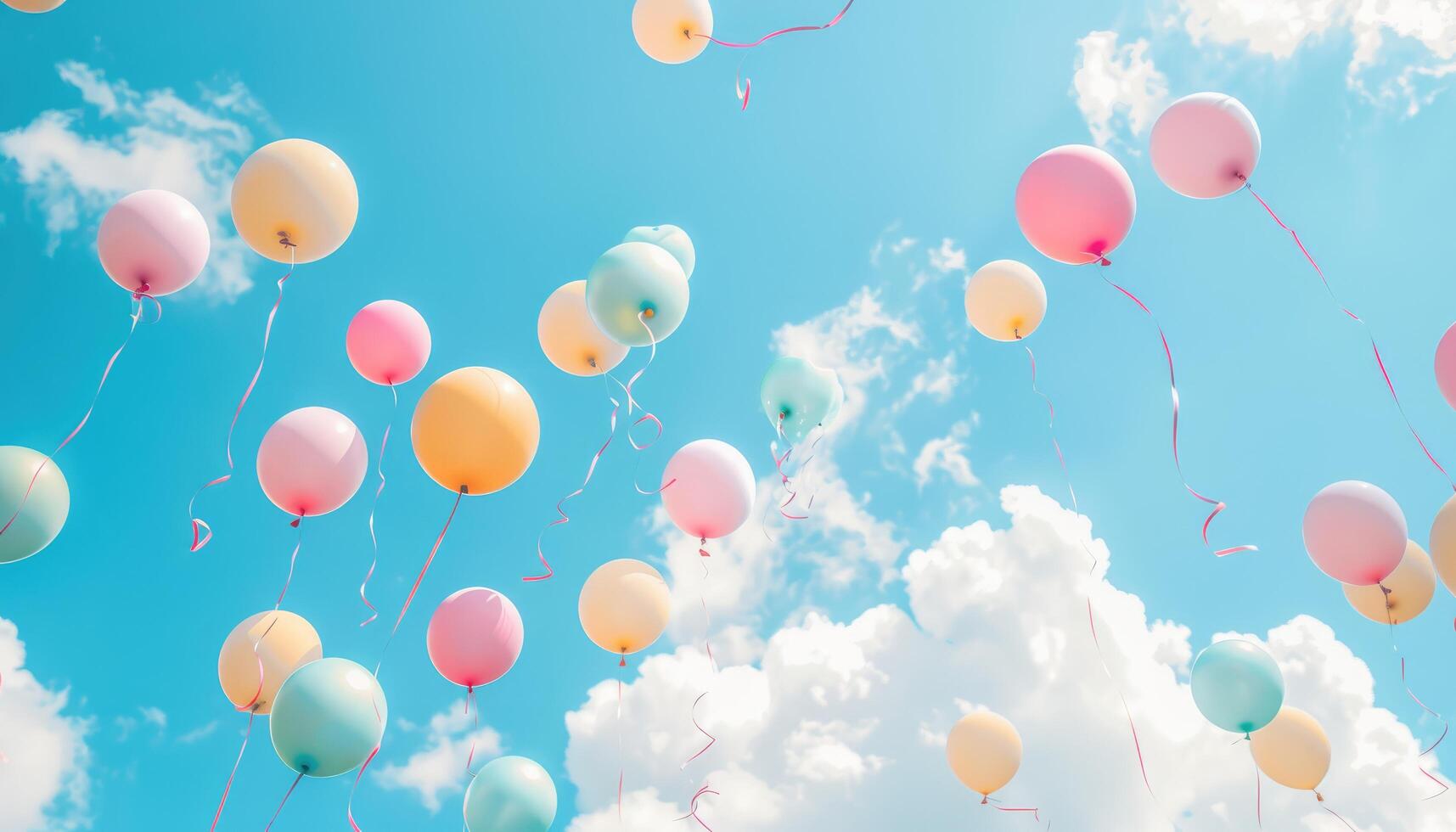 Colorful Balloons Floating in a Blue Sky with White Clouds photo