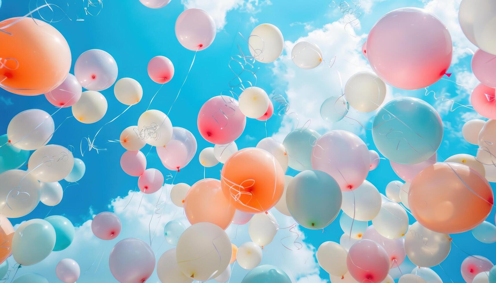 Colorful Balloons Floating in a Blue Sky with Clouds photo