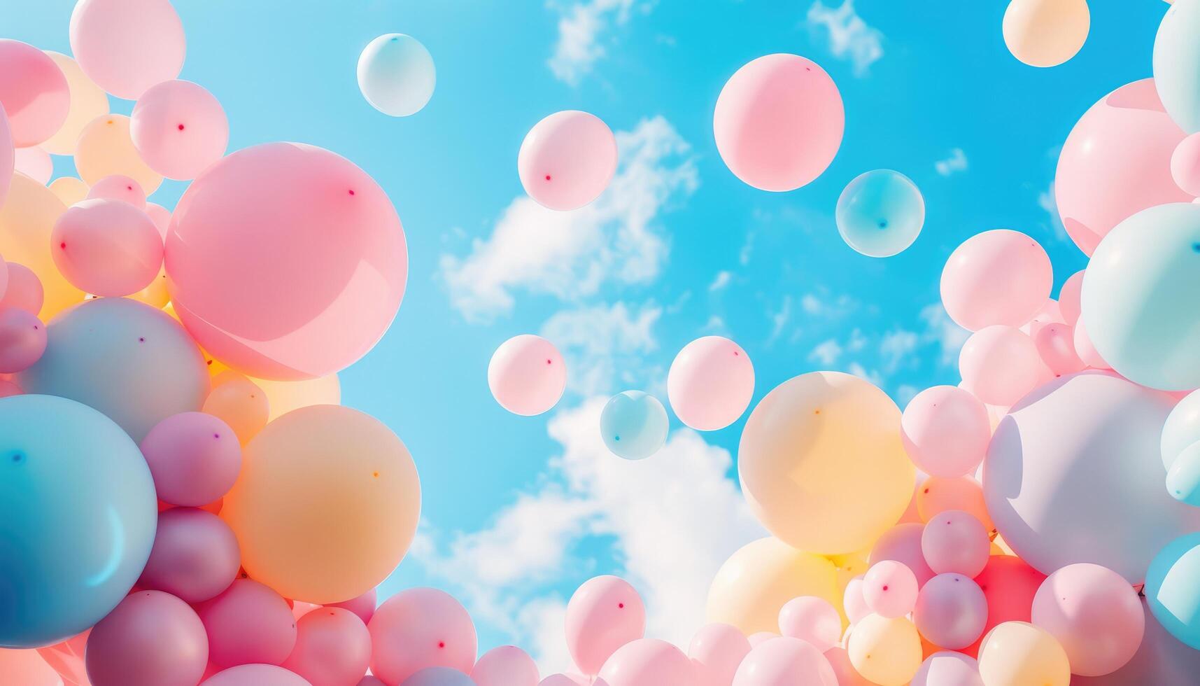 Pastel Balloons Floating Against a Blue Sky with White Clouds photo