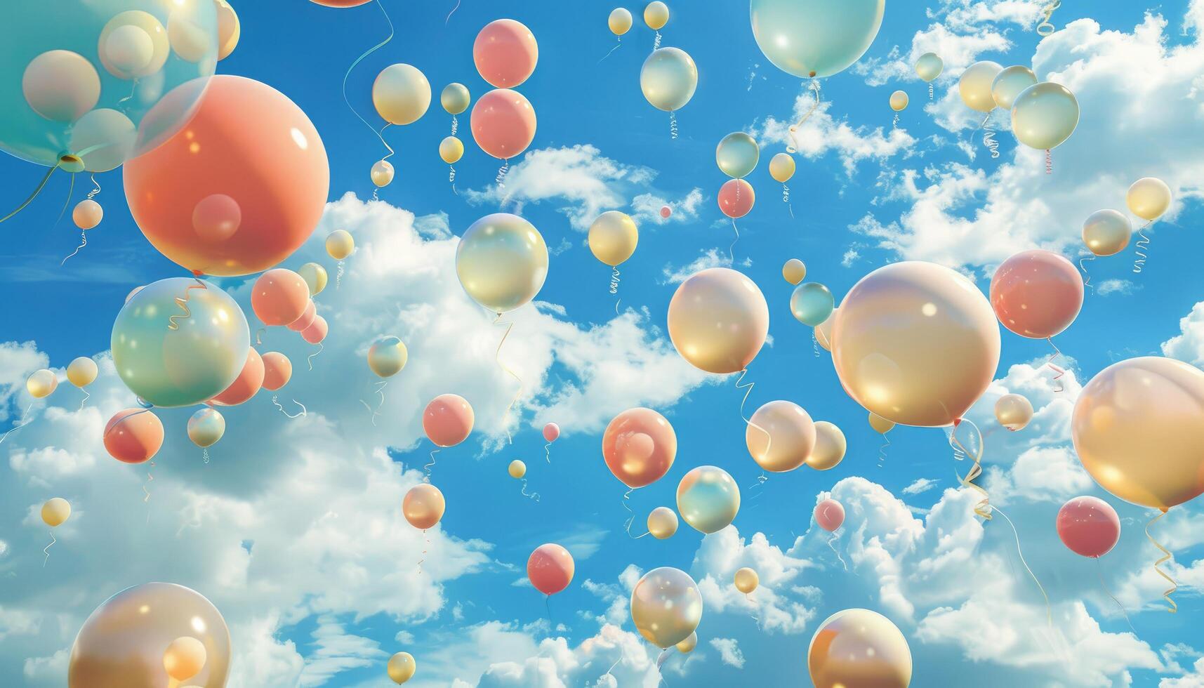 A Cluster of Pastel Balloons Floating in a Bright Blue Sky photo