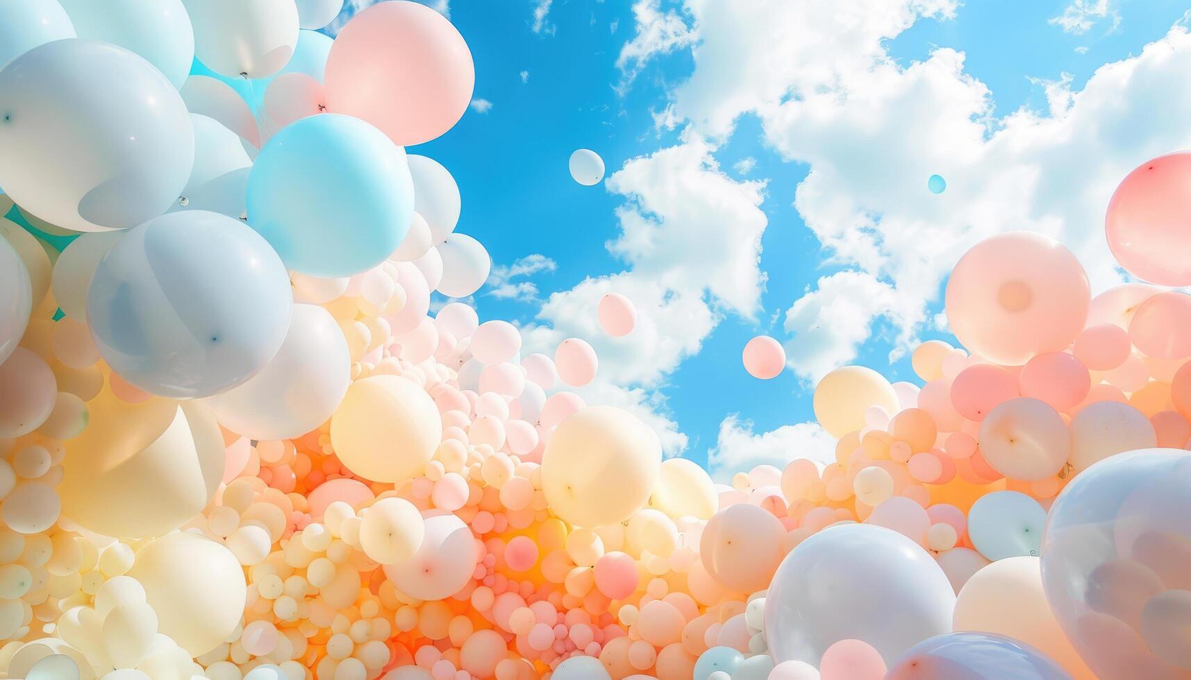 A Cluster of Pastel Balloons Against a Blue Sky with Clouds photo