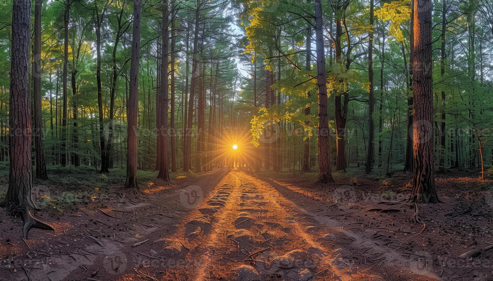 Sunbeams illuminating a dirt path through a dense forest photo