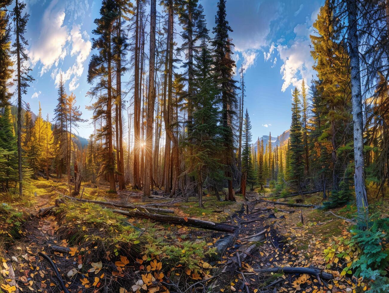 Sunbeams Through Tall Pines in an Autumn Forest photo