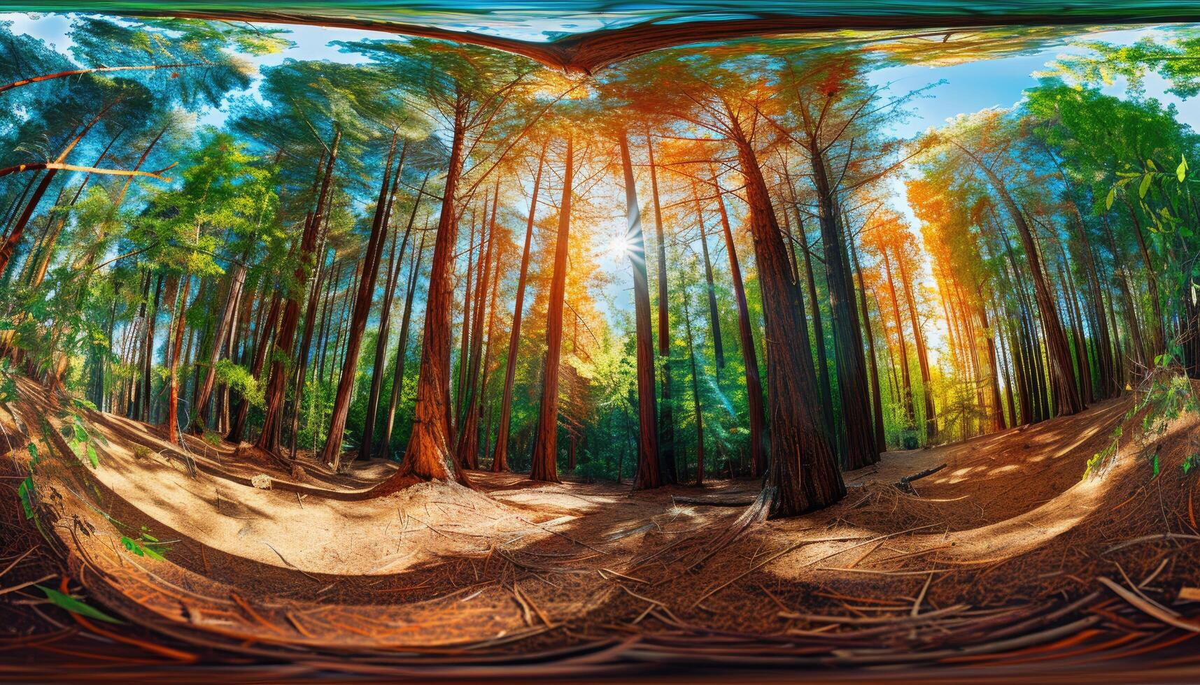 Sunbeams Filtering Through a Dense Redwood Forest photo