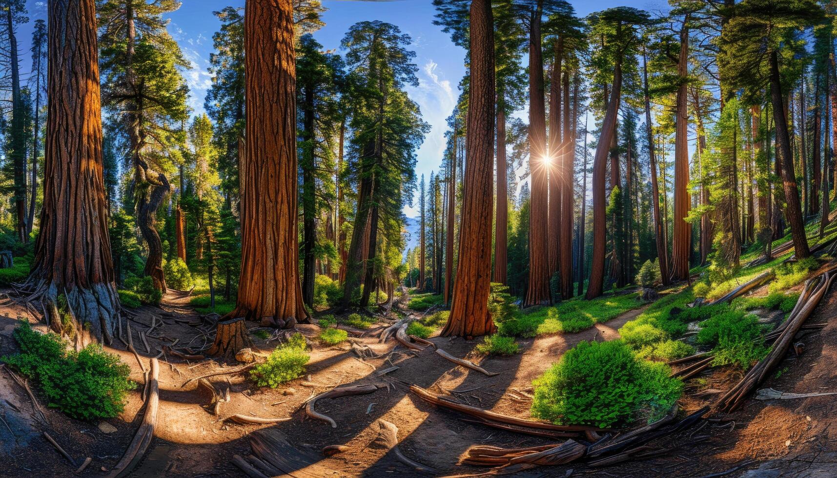 Sunbeams Filtering Through a Dense Redwood Forest photo