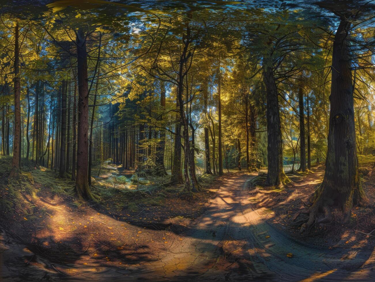 A Forest Path in Autumn with Sunlight Filtering Through the Trees photo
