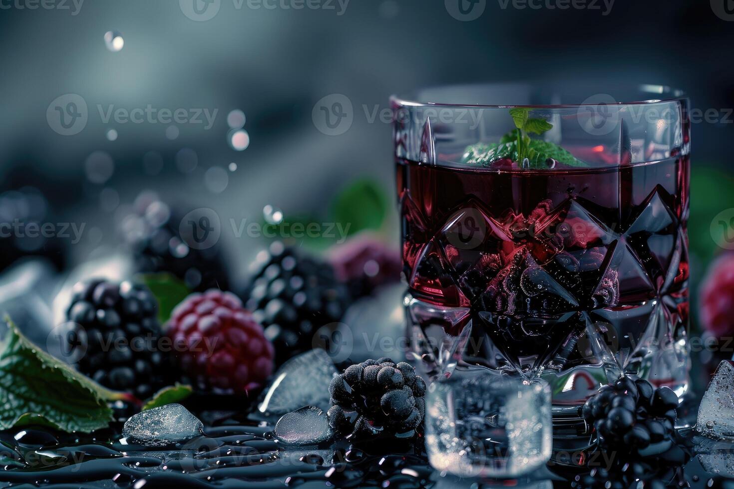 Blackberry and Raspberry Infused Red Drink in Cut Glass with Ice photo